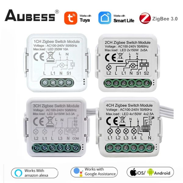 Controle Tuya ZigBee 3.0 Switch Module 10A Smart Home DIY Breaker 1 2 3 4 Gang Controle de 2 vias funciona com Alexa Google Home ZigBee Gateway