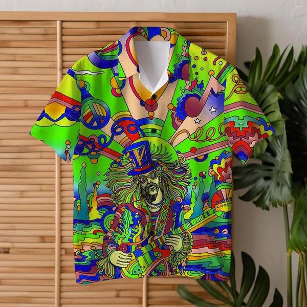 Camisas casuais masculinas guitarra colorida hippie camisa uso diário saindo fim de semana verão gola cubana mangas curtas tecido elástico de 4 vias