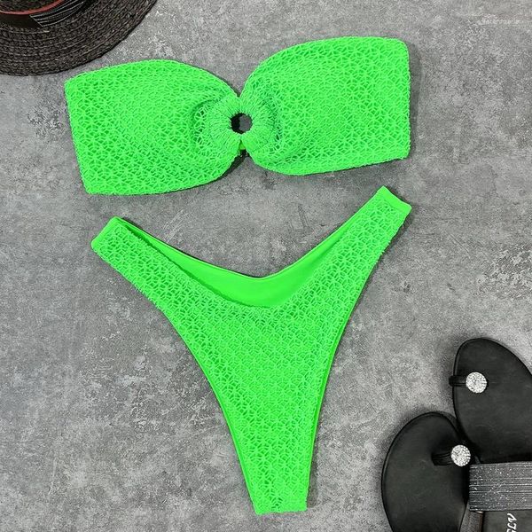 Costume da bagno donna sexy senza spalline bikini 2024 tinta unita due pezzi anello donna scava fuori biquini costume da bagno estivo spiaggia