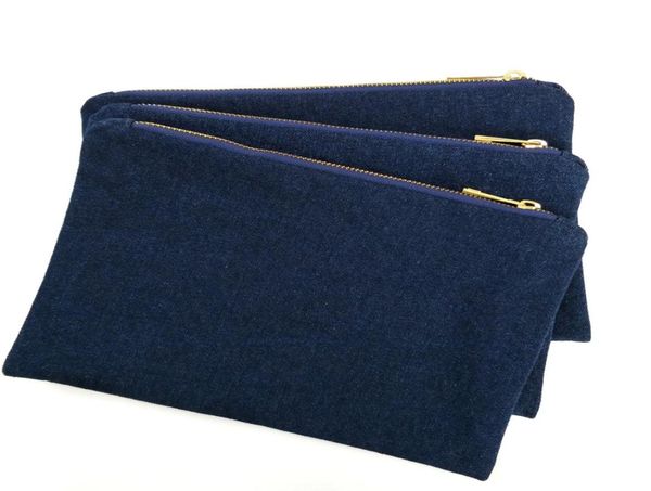 Borsa per il trucco in denim spesso 14 once con cerniera in metallo dorato e vera borsa per cosmetici in denim vuoto blu scuro con fodera rossa spedita da DHL direttamente da f1799520