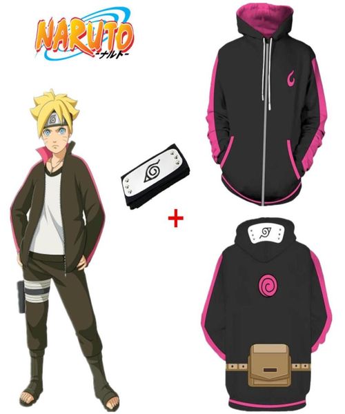 Formato asiatico Giappone Anime Uzumaki Boruto Nero Casual 3D Costume Cosplay Unisex Cappotto a maniche lunghe Giacca con cappuccio Fascia8514103