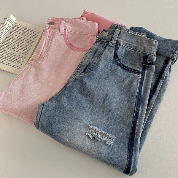 Damen-Jeans, Übergröße, rosa Denim-Hosen, ausgefranst, hohe Taille, weites Bein, Harem, vielseitig, atmungsaktiv, weibliche Knöchellänge