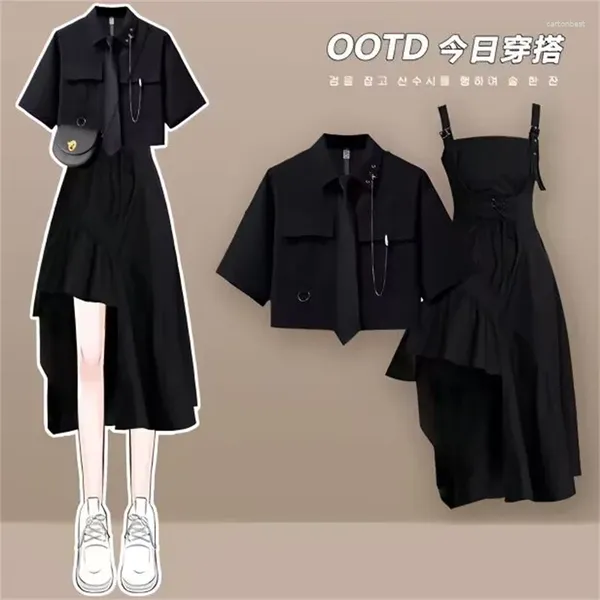 İş elbiseleri yaz kadın punk tarzı elbise moda kişilik zinciri kısa kollu üst sling bandaj 2 adet set bayan siyah gömlek 2024