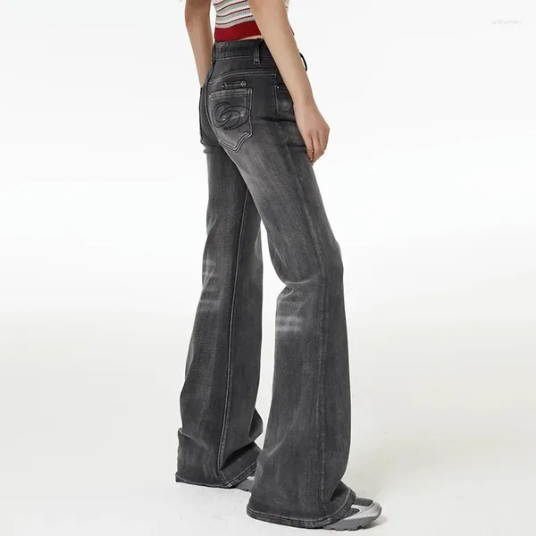 Calças de brim femininas coreano cintura alta larga perna denim calças y2k modelado baggy queimado estiramento bell bottom calças streetwear