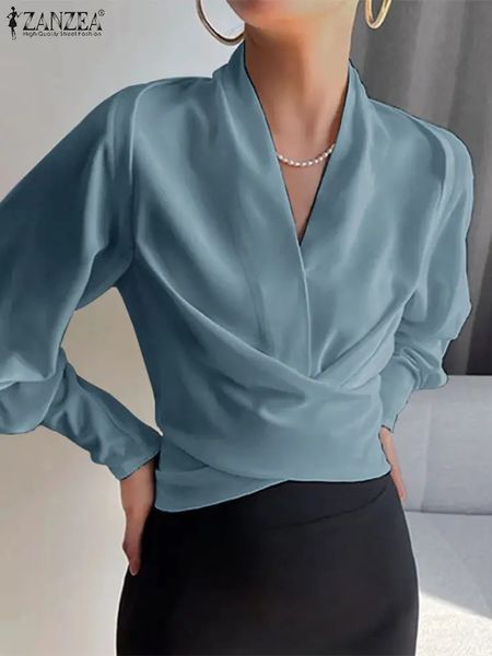ZANZEA модные блузки с запахом женские элегантные длинные манжеты с пышными рукавами и v-образным вырезом Blusas короткие топы с талией нестандартные рубашки 240312