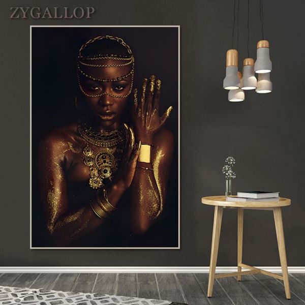 Afrikanische Frau Poster und Drucke Schwarz und Gold Frauen Ölgemälde an der Wand Moderne Kunst Leinwand Bild für Wohnzimmer Cuadros288L