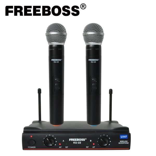 Microfones Freeboss KU22N 50M Faixa de trabalho Dual Channel 2 Transmissor de microfone portátil Sistema de microfone sem fio UHF de karaokê profissional