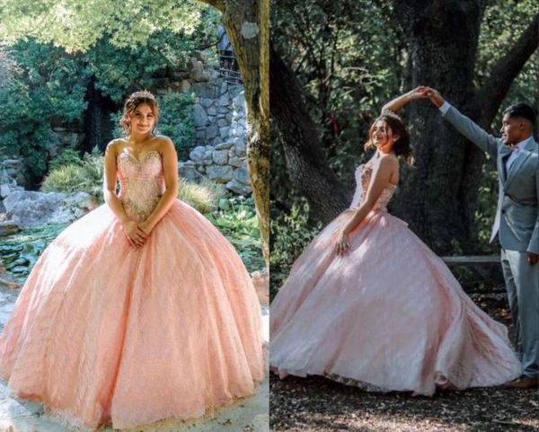 Erstaunliches Ballkleid aus roségoldenem, mit Pailletten besetztem Stoff, Ballkleid, Quinceanera-Kleider, Schatz-Kristallperlen, langes Korsett, formelles Abendkleid fo7785207