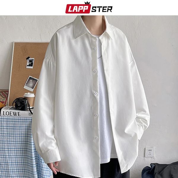 Lappster homens coreano moda branca camisas de manga longa dos homens harajuku preto camisa de grandes dimensões masculino botão acima blusas 5xl 240307