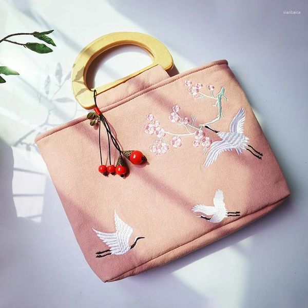 Abendtaschen Damen Handtasche Holzgriff Chinesischer ethnischer Stil Handstickerei Retro Quaste Lässige Einkaufstasche mit großer Kapazität für Mädchen