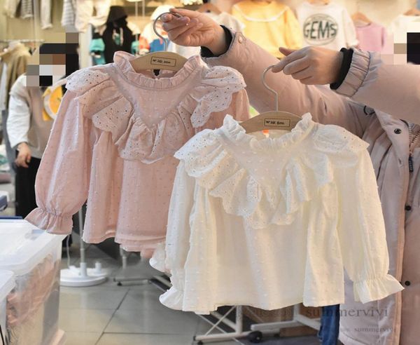 Küçük kızlar dantel içi boş nakış gömleği yürümeye başlayan çocuklar fırfır yaka parlama kol bluz 2022 bahar çocuklar falka prenses top1953994