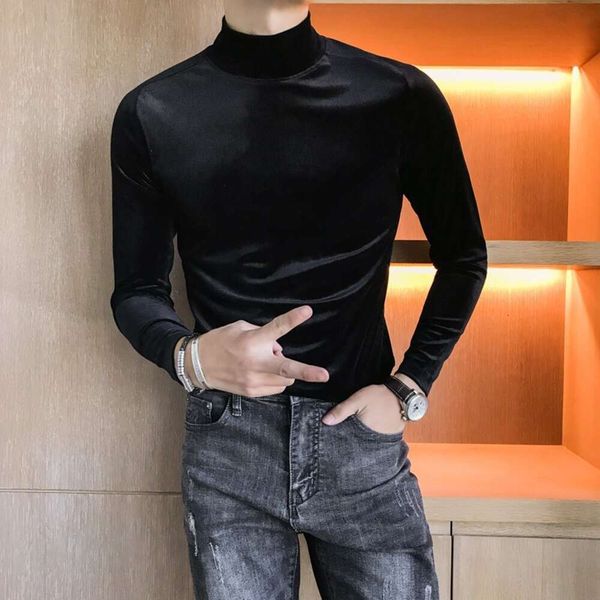 E T-shirt a maniche lunghe in velluto dorato invernale per uomo slim fit coreano mezzo collo alto camicia inferiore casual versatile abbigliamento autunnale manica intera PLEIN BEAR