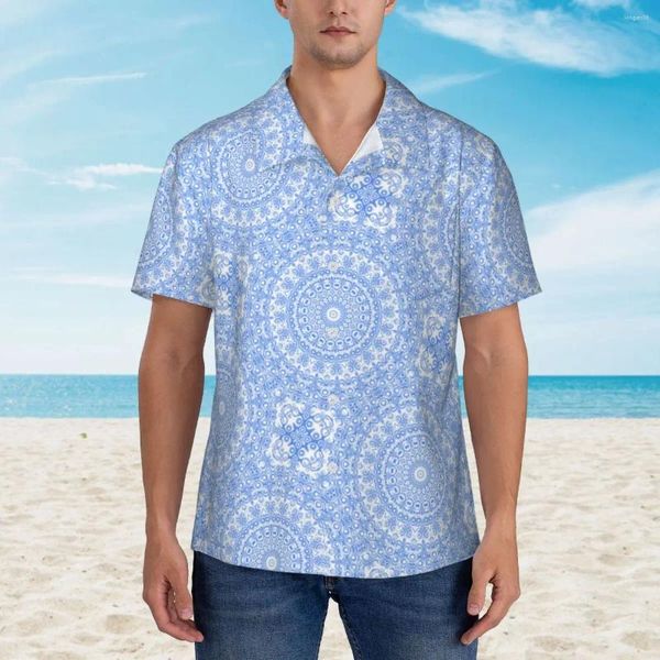 Camisas casuais masculinas camisa havaiana férias mandala blusas florais vintage azul cornflower homem de manga curta y2k roupas engraçadas