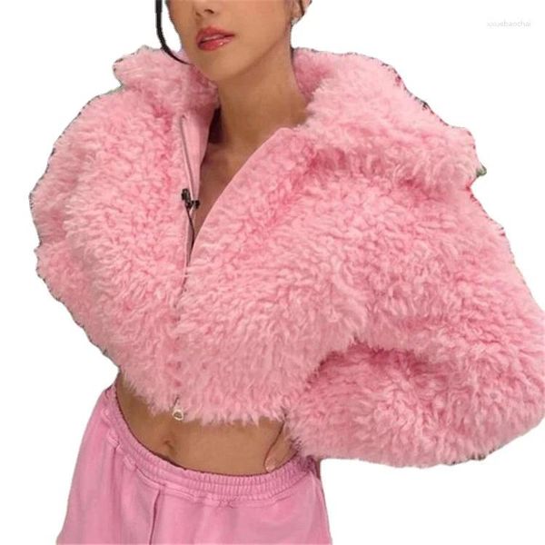 Jaquetas femininas rosa jaqueta de pelúcia para mulheres 2024 zíper cortado moda fofo casual oversize outono inverno