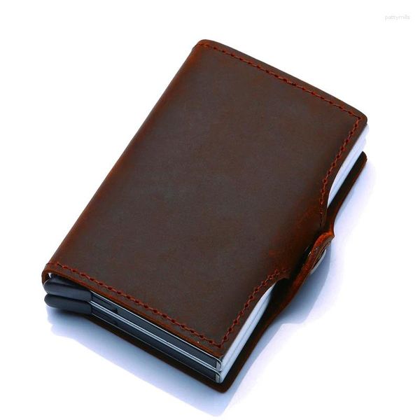 Bel çantaları vintage çılgın at gerçek deri kart tutucu cüzdan erkek kapak büyük kapasiteli alüminyum alaşım kasa mc-916