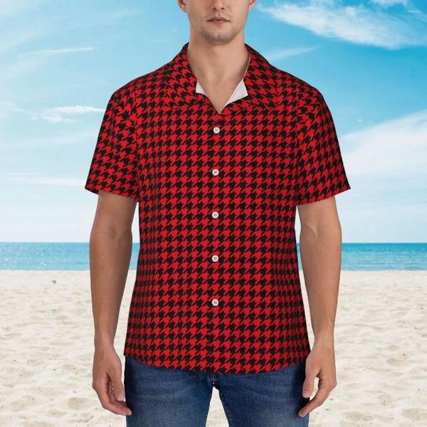 Camisas casuais masculinas vintage houndstooth praia camisa homens preto e vermelho havaiano design de manga curta solto blusas de tamanho grande presente