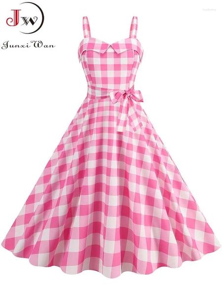 Vestidos casuais espaguete cinta rosa xadrez vestido mulheres verão elegante vintage 50s rockabilly swing festa 2024