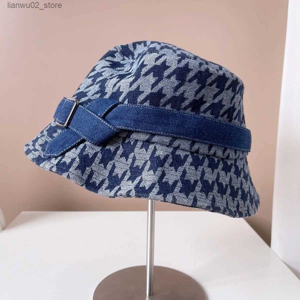 Ampla borda chapéus balde chapéus 2023 novo algodão azul cowboy pescador chapéu feminino personalidade japonesa casual cinto fivela bacia chapéu ao ar livre simples balde chapéu q240312