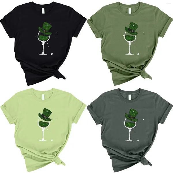 Camisetas femininas 180g roupas de algodão puro camisa de manga curta para o dia de São Patrício óculos de vinho verde digital impressão 3d pulôver engraçado