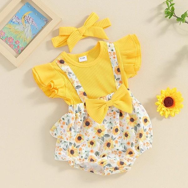 Conjuntos de roupas bebê menina 2 peça conjunto de verão manga girassol impressão 3d arco falso de duas peças macacão com nervuras headband infantil roupas