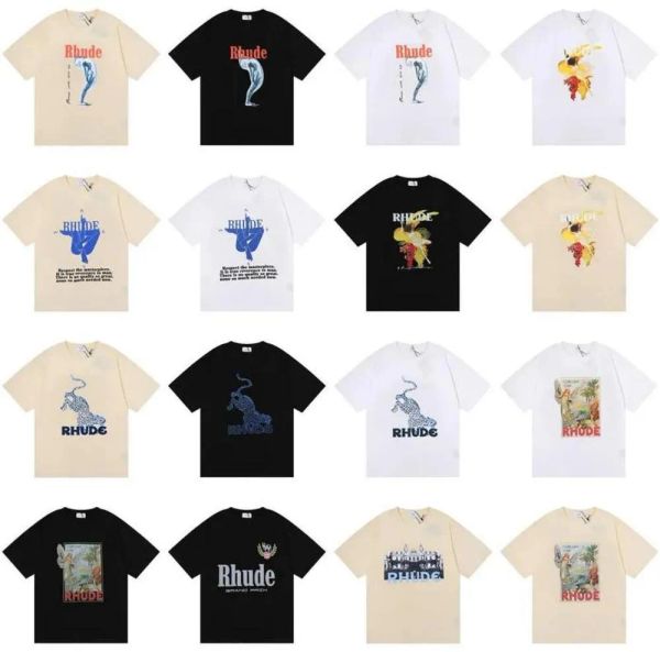 Yaz Rhude Marka Baskı Tişört Erkek Kadınlar Yuvarlak Boyun T-Shirts İlkbahar Yaz Yüksek Sokak Stili Kalite Üst Tees Rhude Asya Boyutu S-XL 273