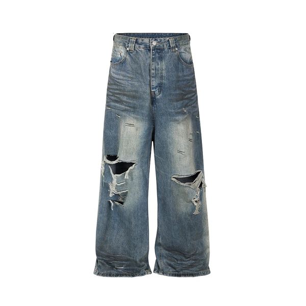 Desfiado danificado buraco baggy perna larga jeans para homens e mulheres streetwear casual ropa hombre denim calças de carga de grandes dimensões 240304