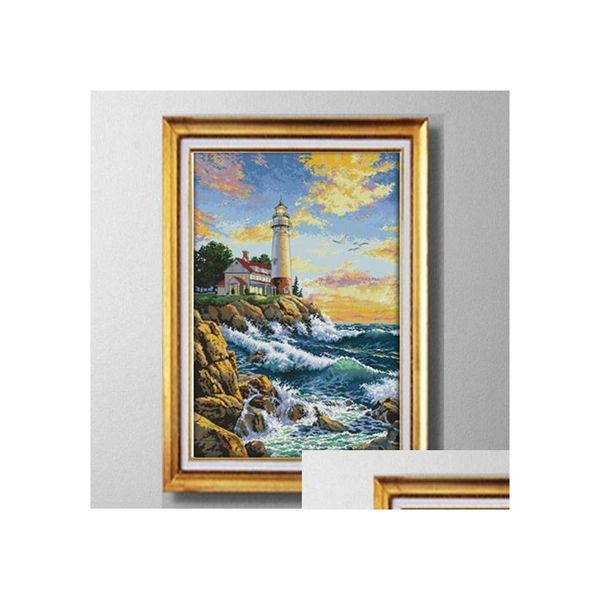 Ferramentas de artesanato O Farol Mar Cenário Europa Estilo Cross Stitch Needlework Conjuntos Kits de Bordado Pinturas Contadas Impressas em Lona D Otenj