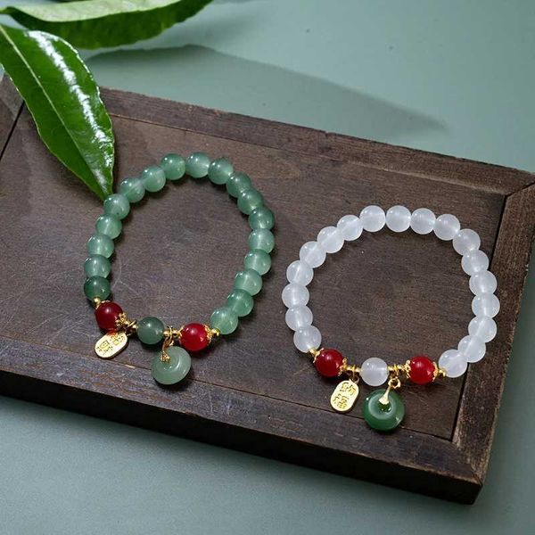 Pulseira artesanal boa sorte riqueza elástica frisada pulseira imitação jade ping uma fivela sorte amuleto pulseiras de oração para mulheres homens presente