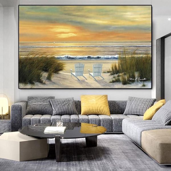 Pinturas pôr do sol praia de areia cartazes e impressões mar paisagem pintura em tela fotos de arte de parede para sala de estar decoração costeira não f2635
