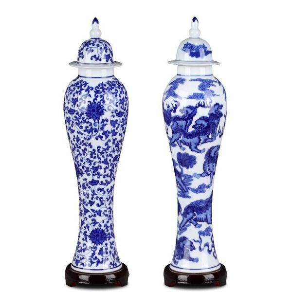 Vaso de cerâmica vintage azul e branco, vaso de cerâmica com tampa, arte, artesanato, decoração criativa, delgado, flor floral, vaso 3368