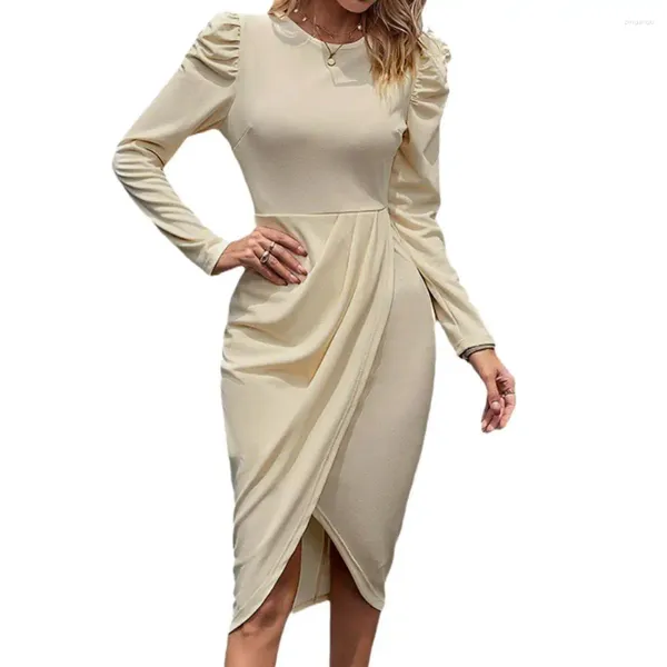 Abiti casual Abito da donna Elegante orlo irregolare Midi con dettagli a pieghe Vita slim fit per gli spostamenti primaverili e autunnali al ginocchio