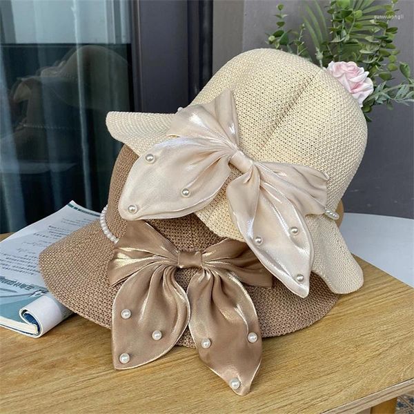 Шляпы с широкими полями, женская летняя женская шляпа в стиле Хепберн, винтажный дизайн, соломенная сбоку, с большим бантом, в форме колокольчика, для пляжного путешествия, солнца