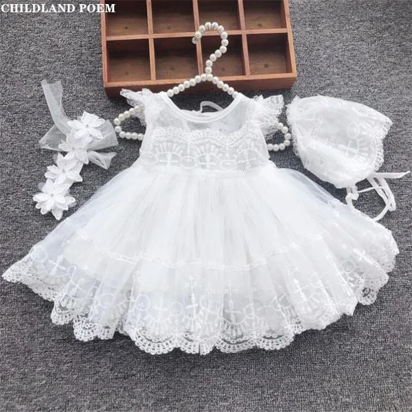 Baby-Taufkleid, geboren, Hochzeit, 1. Geburtstag, Party, Baby-Mädchen-Kleid, Spitze, Prinzessin, weiß, Kleinkind-Baby-Taufkleider mit Hut 240307