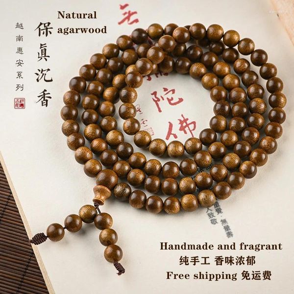 Strand pingente agarwood mão corda rosário estilo vento chinês pulseira de madeira antiga colar masculino feminino budismo presente muçulmano