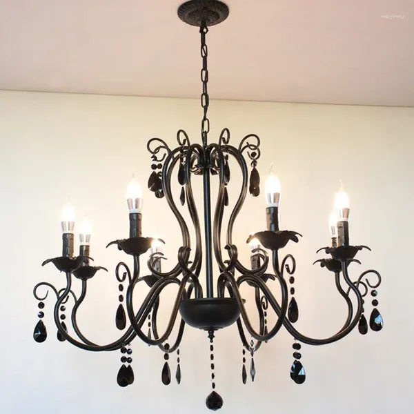 Lustres Americanos Ferro Forjado Candelabro Iluminação Luxo Sala de estar Cristal Pendurado Lâmpada Moderna Jantar Quarto Vela Preta