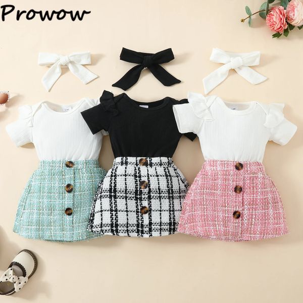 Prowow 0–18 Monate Kinderkleidung, Baby-Outfit-Sets für Mädchen, weißer Strampler, rosafarbener Tweed-Rock, Stirnband, Kinder-Tweed-Anzug für Mädchen 240229