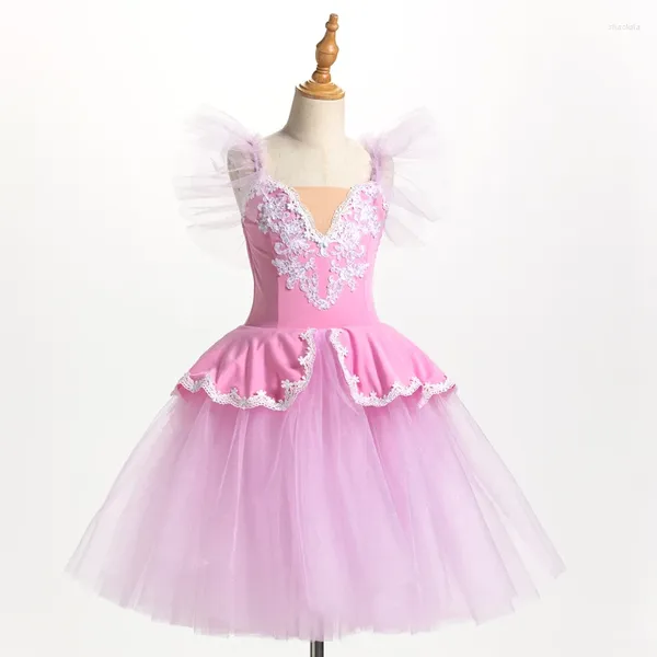 Abbigliamento da palcoscenico Abito da ballerina rosa Gonna da balletto per ragazze Danza lunga per bambini Costumi da donna Costumi da ginnastica Vestiti per la pancia