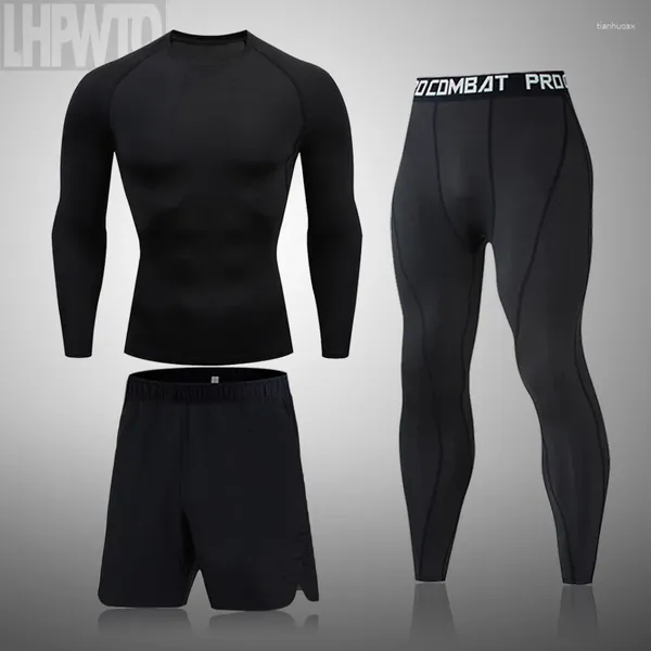 Running Sets 2024 Men Sport Sport T-shirt Shorts 3 PC Suit Gym Wear Segundo roupas íntimas de roupas de baixo compressão apertada.