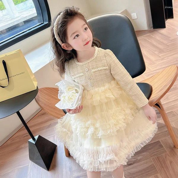 Vestidos da menina 2024 coreano primavera crianças vestido de algodão retalhos pequena bolha sólida manga longa jovem criança princesa