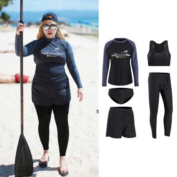 Roupa de banho 5 peças/conjunto feminino plus size manga longa protetor de erupção cutânea ajuste justo calças de natação proteção solar maiô tops calças esportes aquáticos de corpo inteiro 240311