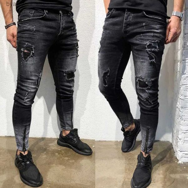 Calças de brim masculinas magro estiramento denim calças angustiado rasgado freyed magro ajuste jeans masculino lápis calças l240313