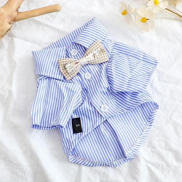 Cão vestuário casual listrado roupas camisa impressão bowknot roupas para animais de estimação moda pequenos cães na moda teddy primavera verão azul menino atacado