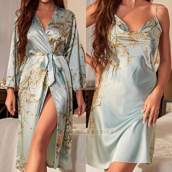 Mulheres sleepwear impressão cereja feminino nightyrobe conjunto camisola primavera verão quimono roupão vestido solto cetim casa vestido lounge wear