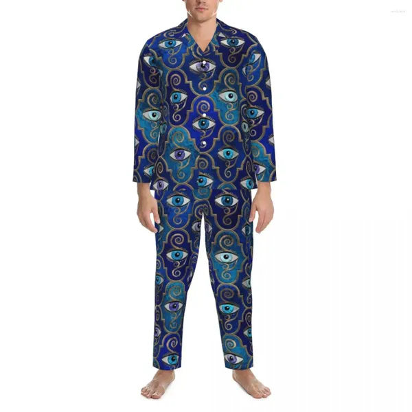 Pijamas masculinos pijamas homens mau olhado charme sono nightwear grego amuleto impressão de duas peças casual conjunto manga longa oversized casa terno