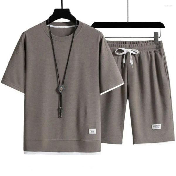 Fatos masculinos 2 pçs/set homens top shorts terno cordão conjunto de treino manga curta chique confortável camiseta roupas masculinas