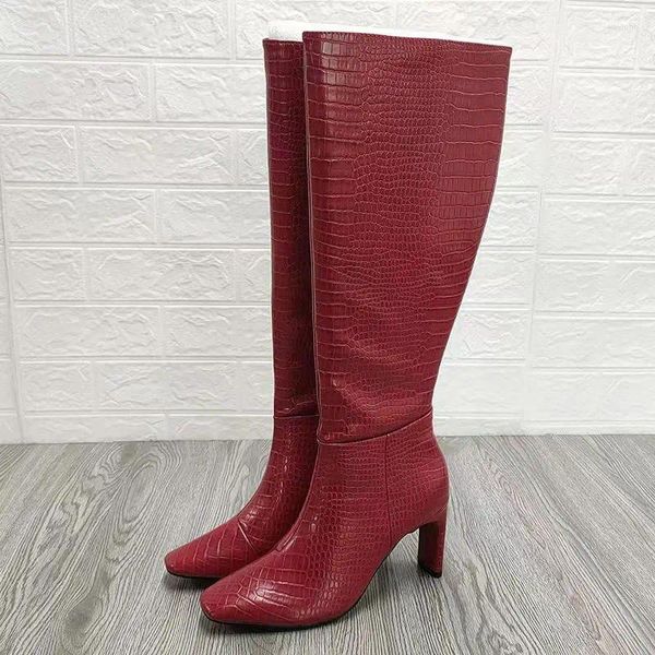 Botas Crocodilo Padrão PU Couro para Mulheres Europeu e Americano Moda Square Toe Salto Alto Grosso Longo La