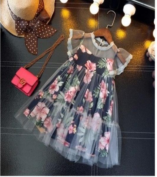 Детское дизайнерское платье для девочек, кружевная одежда с цветочным принтом, юбка принцессы для малышей, летняя одежда для девочек 100 см140 см1056903
