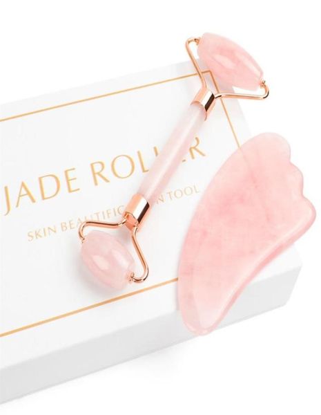 Rullo di giada per il viso Set di massaggiatori con rulli di giada 2 in 1 incluso quarzo rosa e strumento per raschiare Gua Sha Viso antietà per il viso in giada253426368