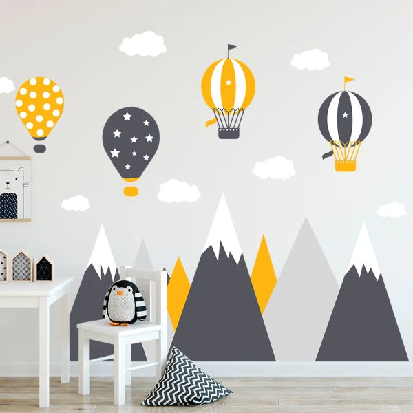 Aufkleber Große Berge Heißluftballons Wolken Wandaufkleber Jungen Baby Aufkleber Abnehmbare Kinderzimmer Wandkunst PVC Poster Schlafzimmer Heimdekoration