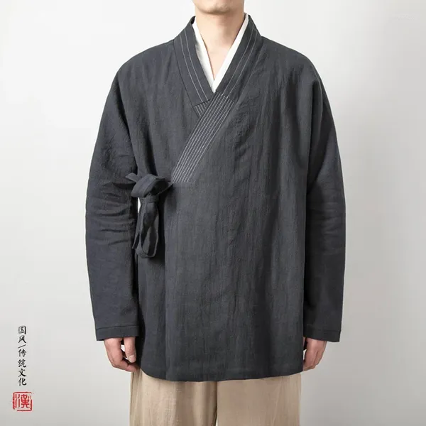 Roupas étnicas 2024 estilo chinês estilo chinês linho cardigan jaqueta solta quimono preto cor sólida auto-gravata hanfu tradicional 4xl